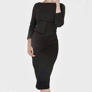 Mary Crafts Black Midi Stretch Ponte Fabric Sheath Dress Peplum Detail Sz 10